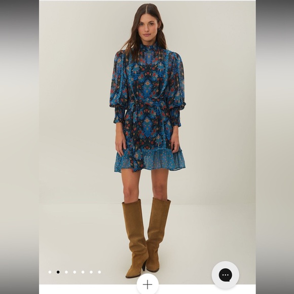 Farm Rio Blue Arabesque High Neck Mini Dress - Sz S - Picture 2 of 9